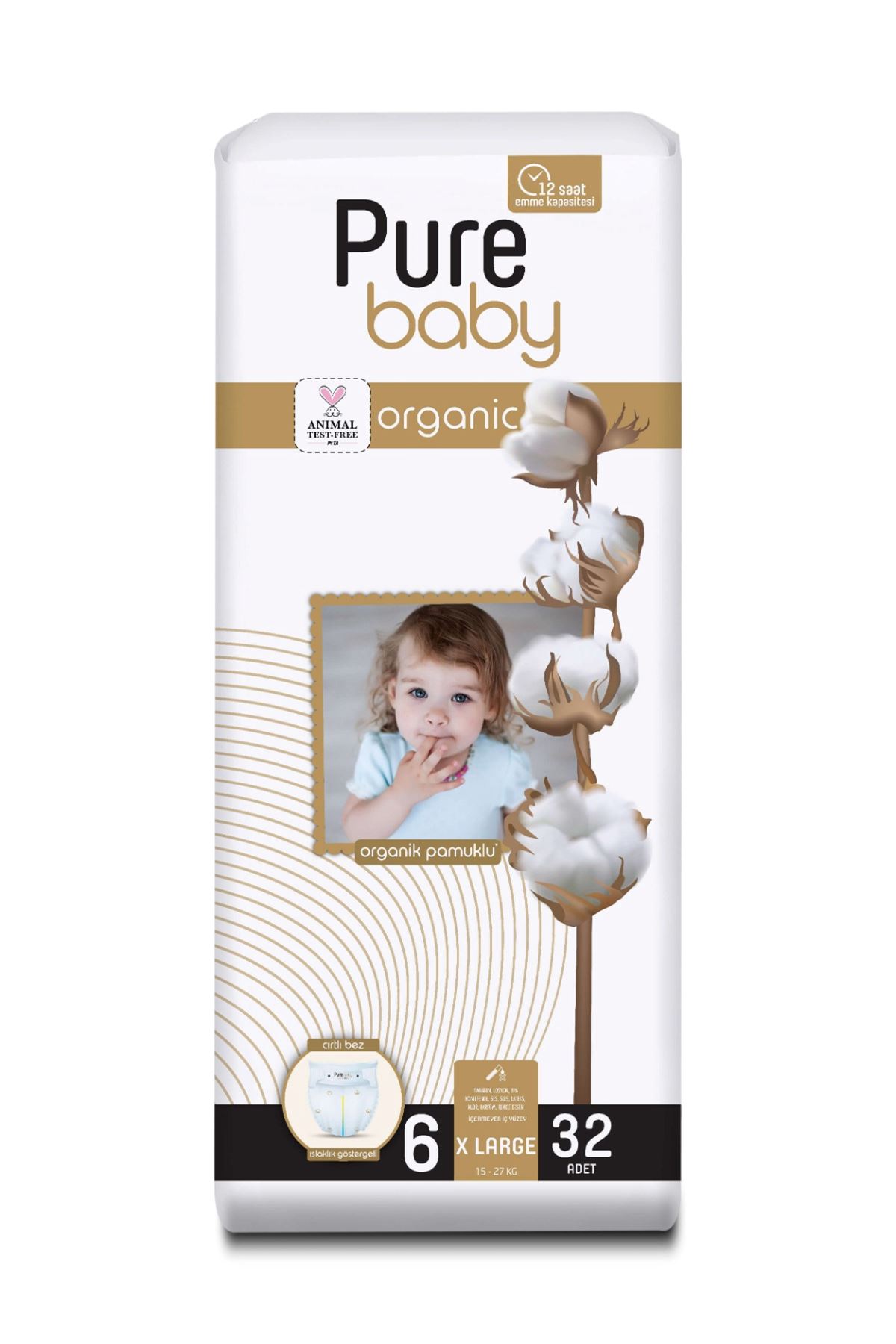 Pure Baby Organic Cotton Velcro Diaper Single Package Size 6 Xlarge 32 Pieces